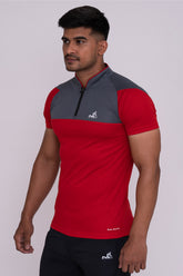 Stand Neck Semi Collar T-Shirts Red Dark Grey